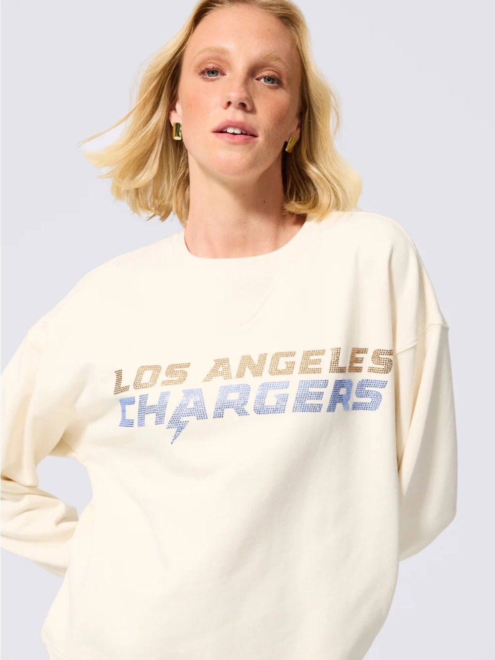 Terez Cream Los Angeles Chargers Graphic Sweatshirt. Sparkle Lettering.